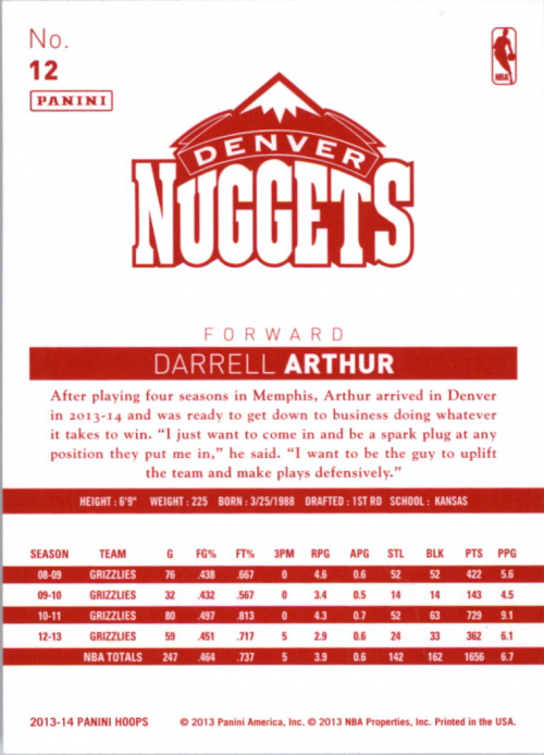 2013-14 Hoops Red Backs #12 Darrell Arthur