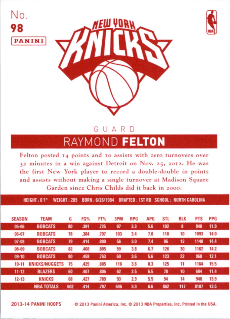 2013-14 Hoops Red Backs #98 Raymond Felton back image