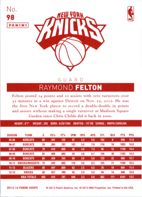 2013-14 Hoops Red Backs #98 Raymond Felton