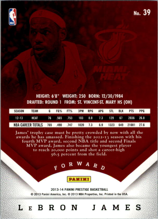 2013-14 Prestige #39 LeBron James back image