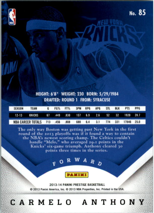 2013-14 Prestige #85 Carmelo Anthony back image
