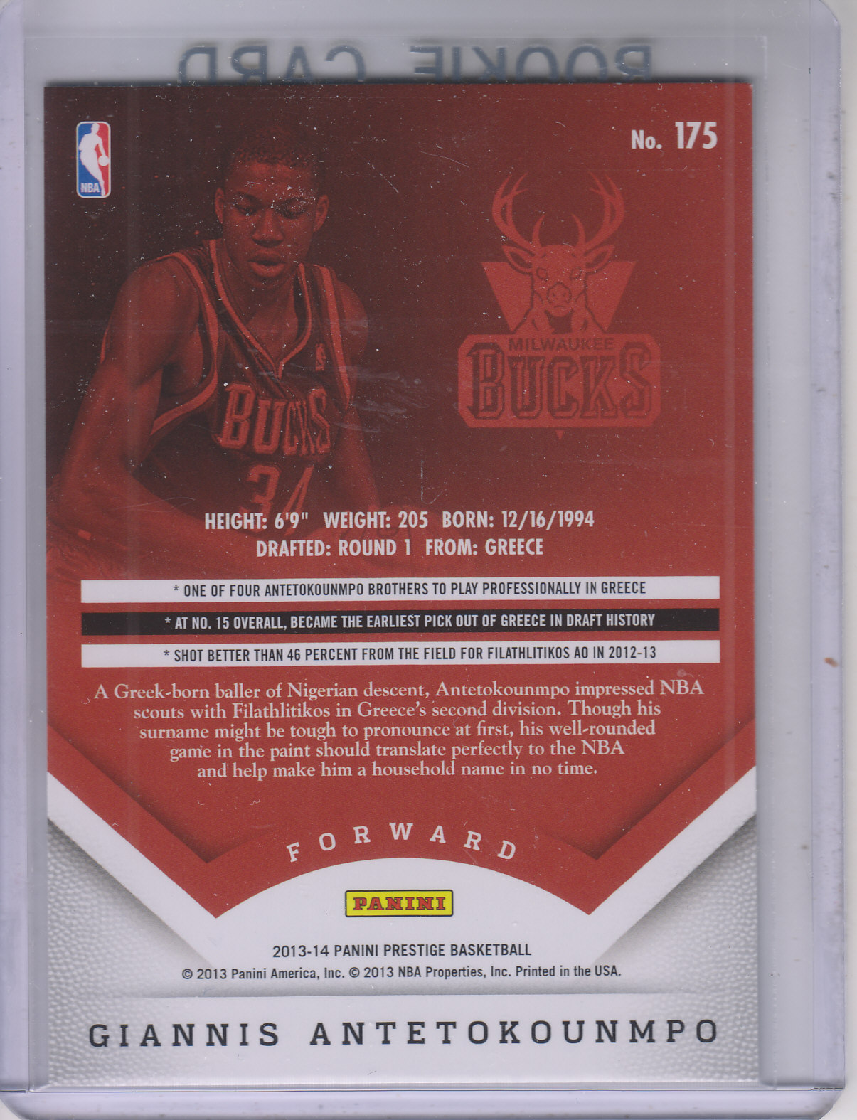 2013-14 Prestige #175 GIANNIS ANTETOKOUNMPO ROOKIE CARD RC ...