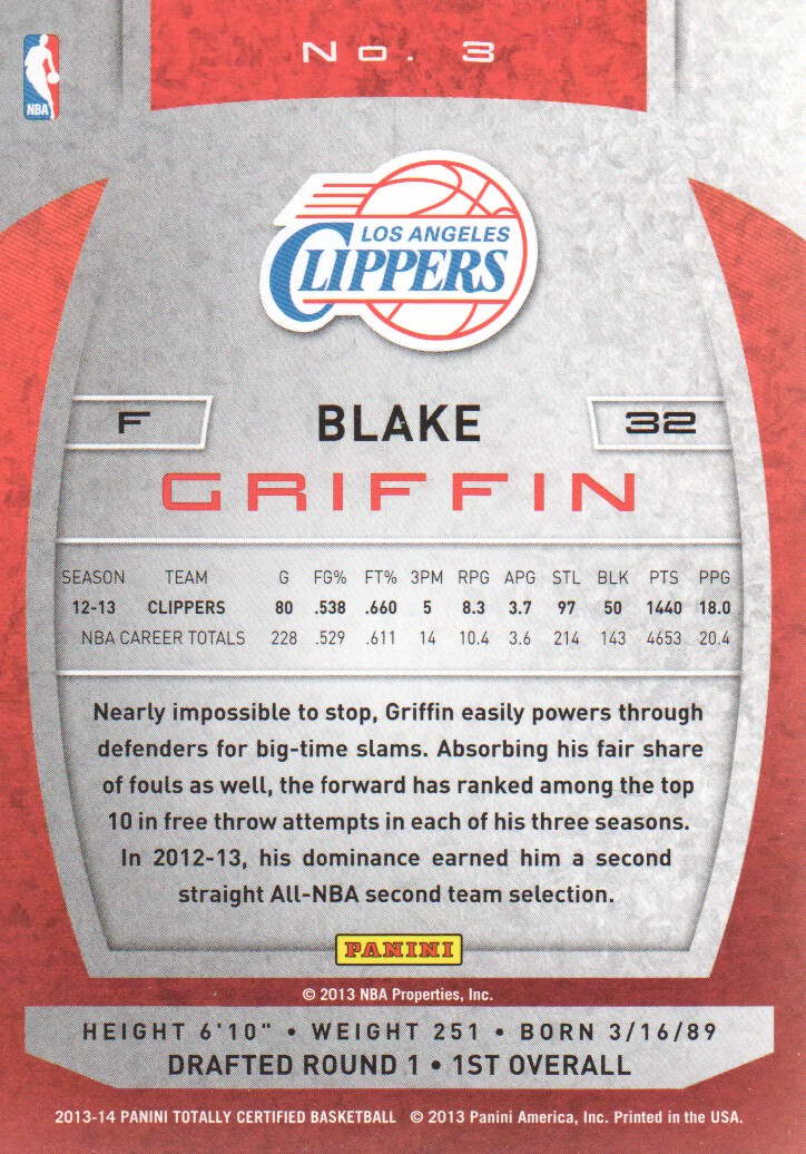 2013-14 Totally Certified #3 Blake Griffin back image