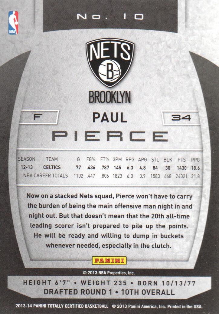 2013-14 Totally Certified #10 Paul Pierce back image