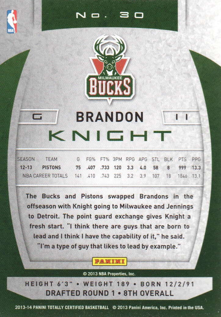 2013-14 Totally Certified #30 Brandon Knight back image