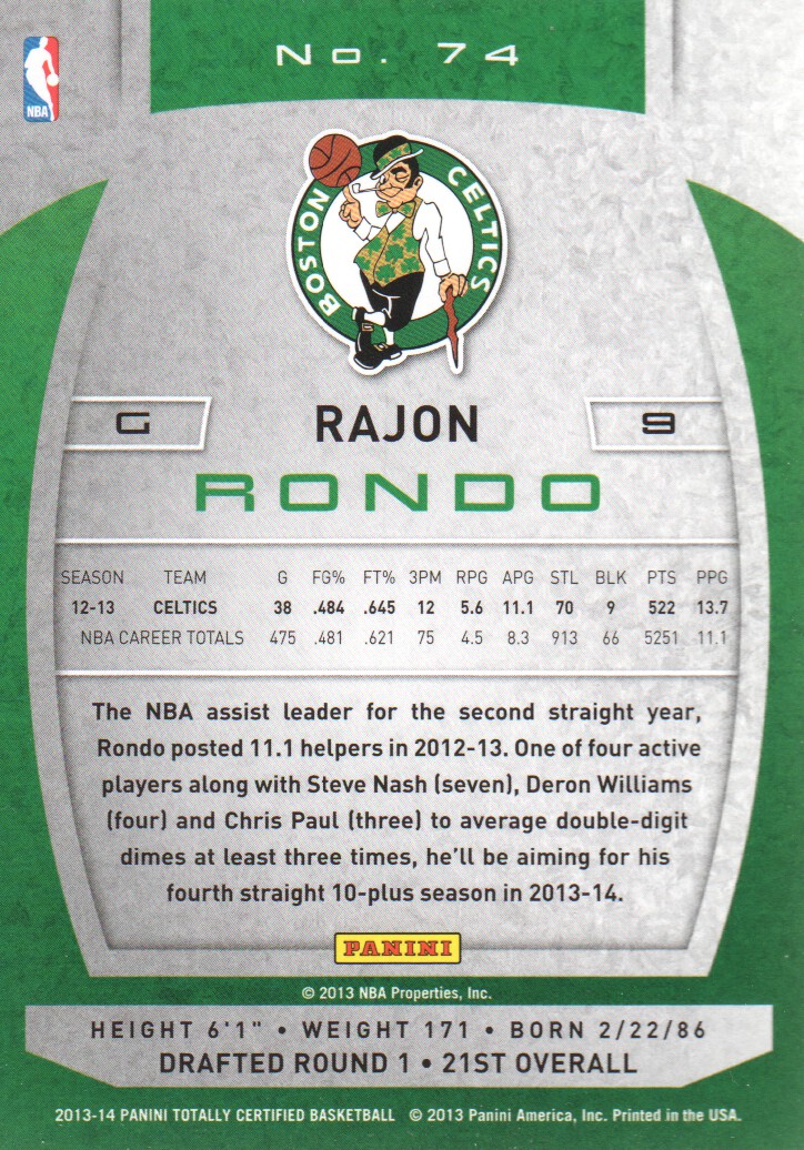 2013-14 Totally Certified #74 Rajon Rondo back image