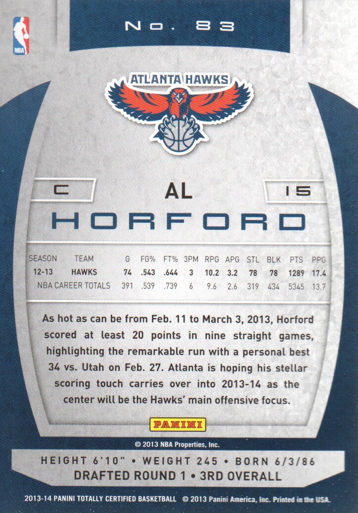 2013-14 Totally Certified #83 Al Horford back image