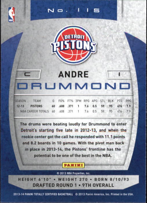 2013-14 Totally Certified #115 Andre Drummond back image