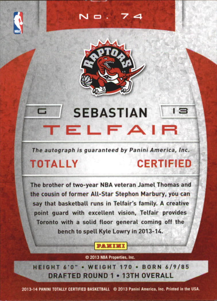 2013-14 Totally Certified Autographs #74 Sebastian Telfair back image