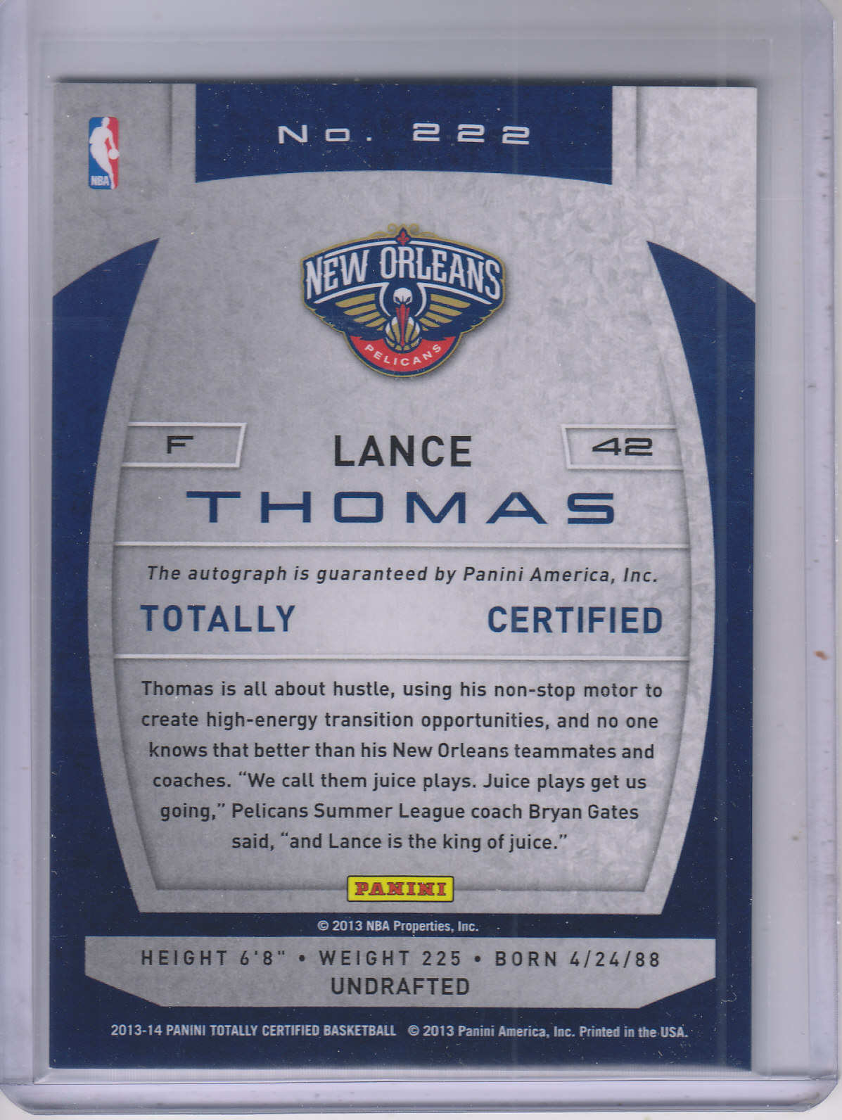 2013-14 Totally Certified Autographs #222 Lance Thomas back image
