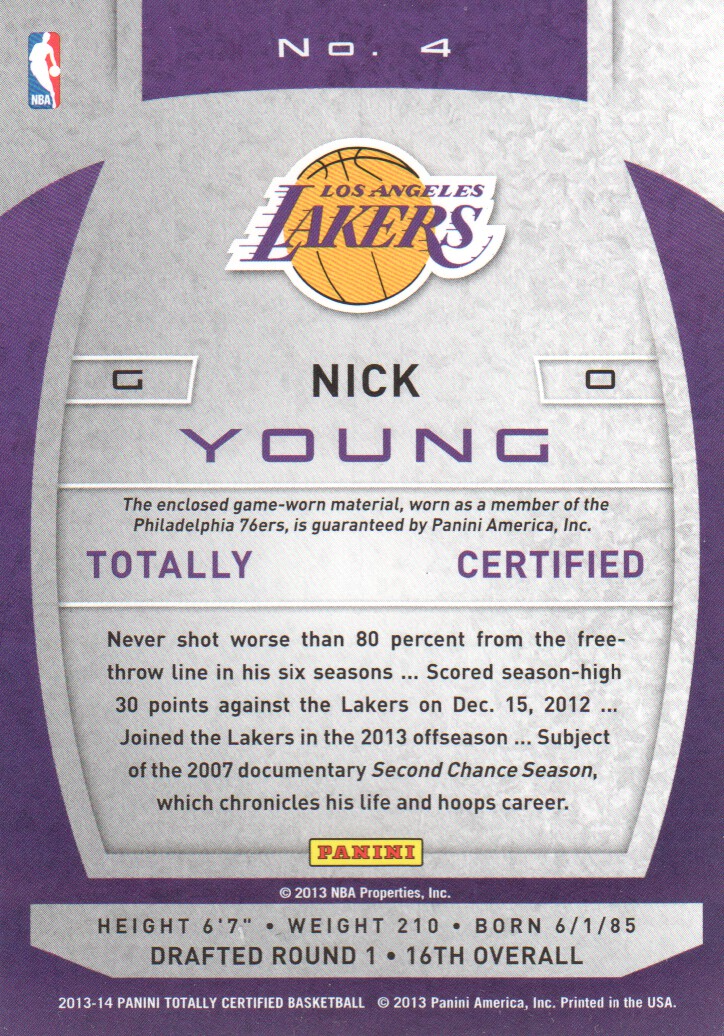 2013-14 Totally Certified Materials #4 Nick Young back image