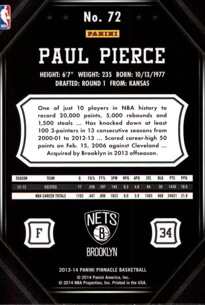 2013-14 Pinnacle #72 Paul Pierce back image