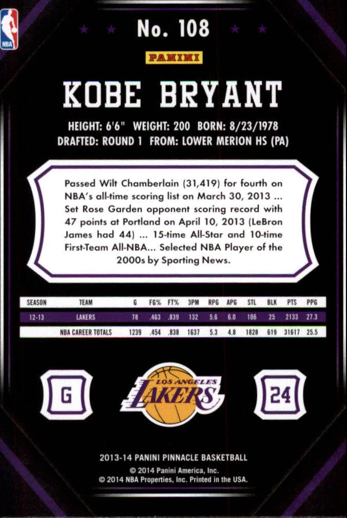 2013-14 Pinnacle #108 Kobe Bryant back image