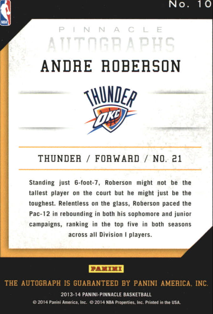 2013-14 Pinnacle Autographs #10 Andre Roberson back image