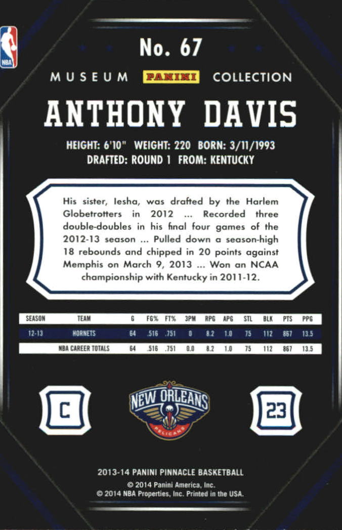 2013-14 Pinnacle Museum Collection #67 Anthony Davis back image