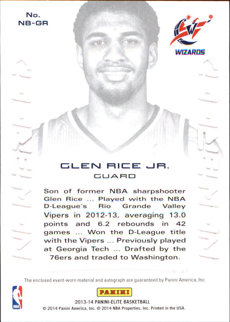 2013-14 Elite New Breed Autograph Jerseys #18 Glen Rice Jr./499 back image