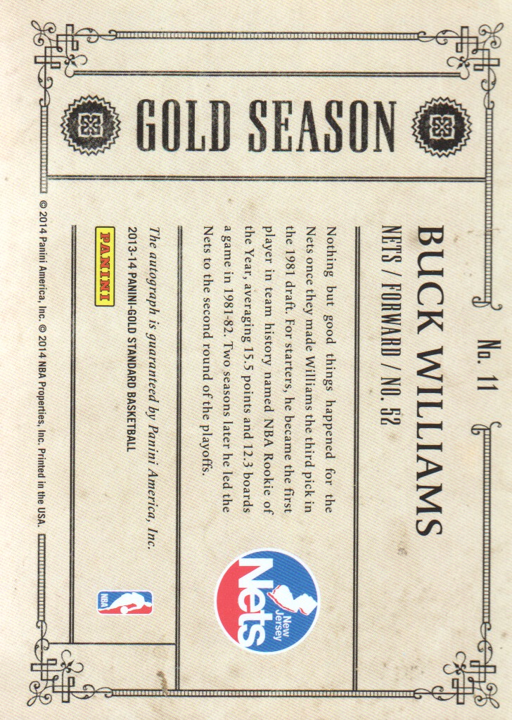 2013-14 Panini Gold Standard Gold Season Autographs #11 Buck Williams/299 back image