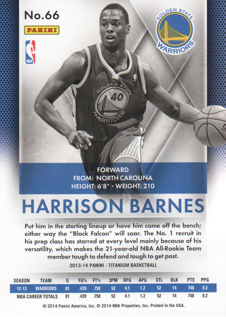 2013 14 Panini Titanium Warriors Basketball Card 66 Harrison