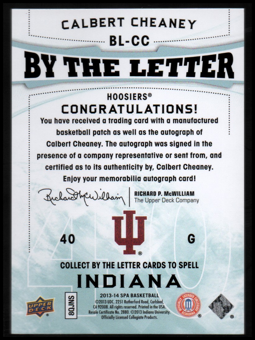 2013-14 SP Authentic By the Letter Signatures #BLCC Calbert Cheaney /Indiana{Serial 60; Print Run 420 back image