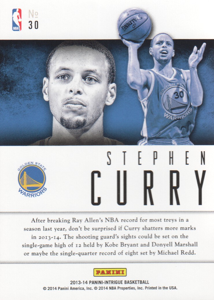 2013-14 Panini Intrigue Intriguing Players #30 Stephen Curry back image