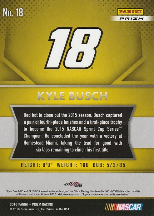 2016 Panini Prizm Prizms Red White and Blue #18 Kyle Busch back image