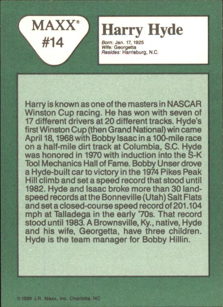 1989 Maxx #14 Harry Hyde RC back image