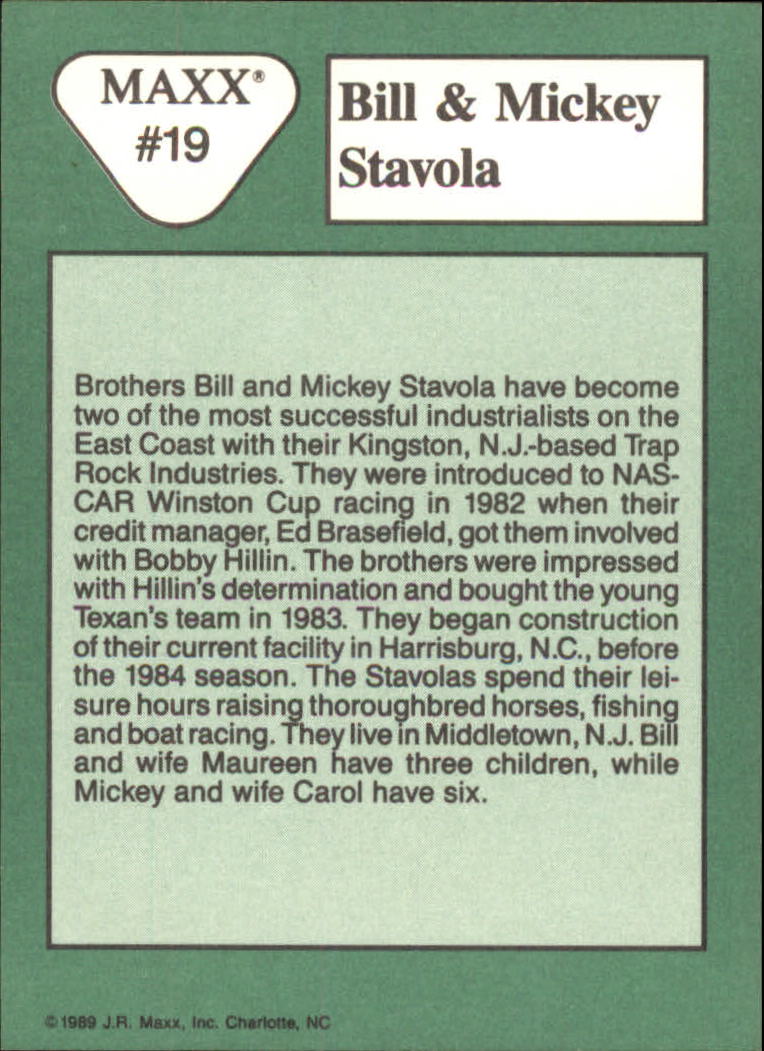 1989 Maxx #19 Bill Stavola RC/Mickey Stavola RC back image