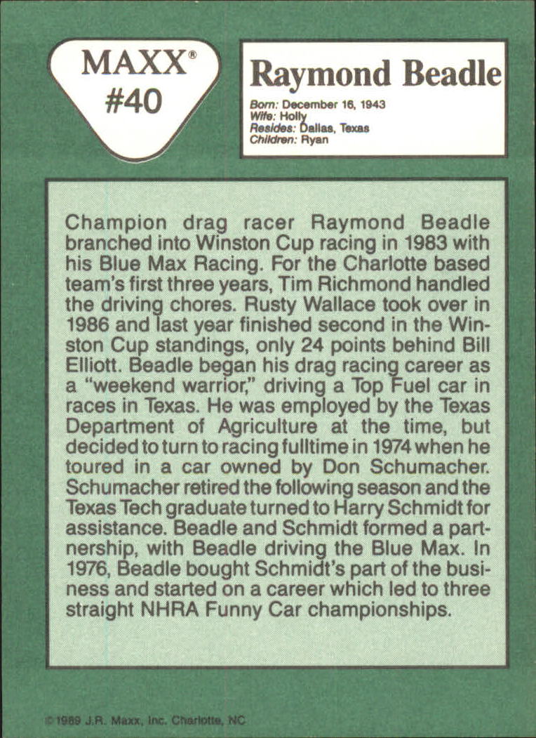 1989 Maxx #40 Raymond Beadle RC back image