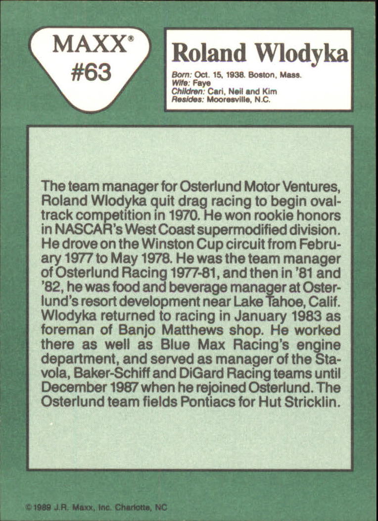 1989 Maxx #63 Roland Wlodyka RC back image