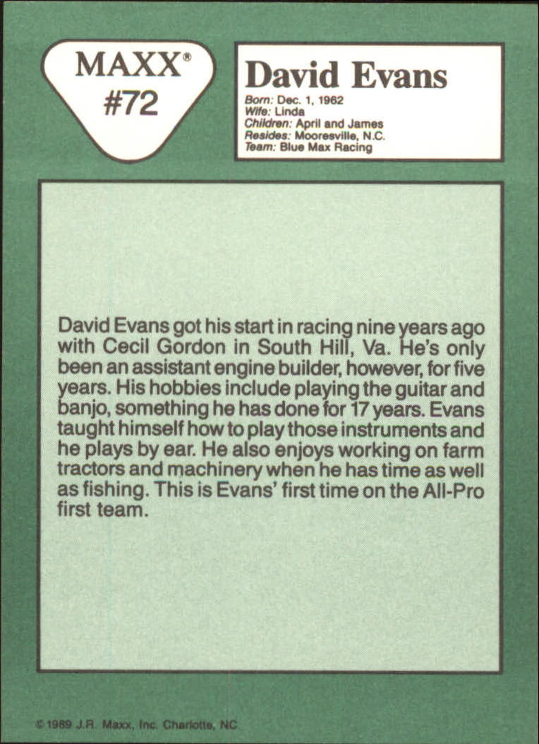 1989 Maxx #72 David Evans RC back image