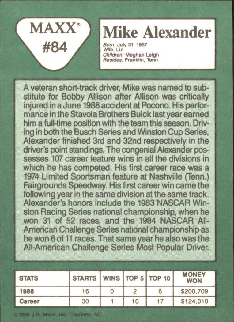 1989 Maxx #84 Mike Alexander RC back image