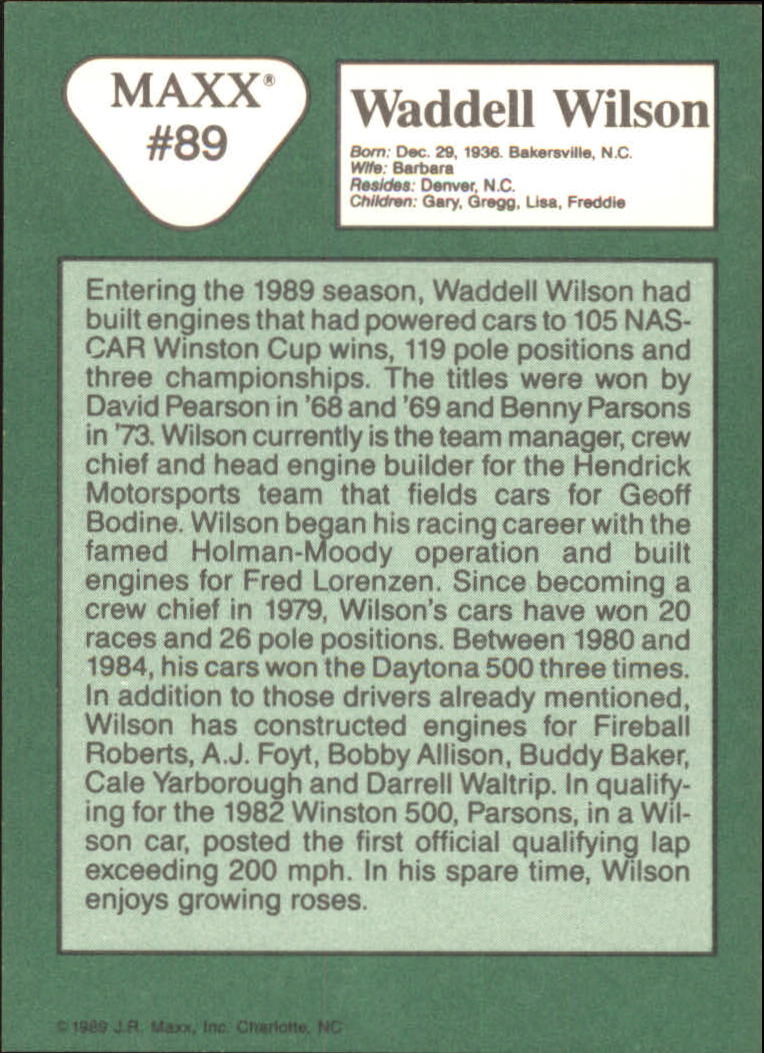1989 Maxx #89 Waddell Wilson RC back image