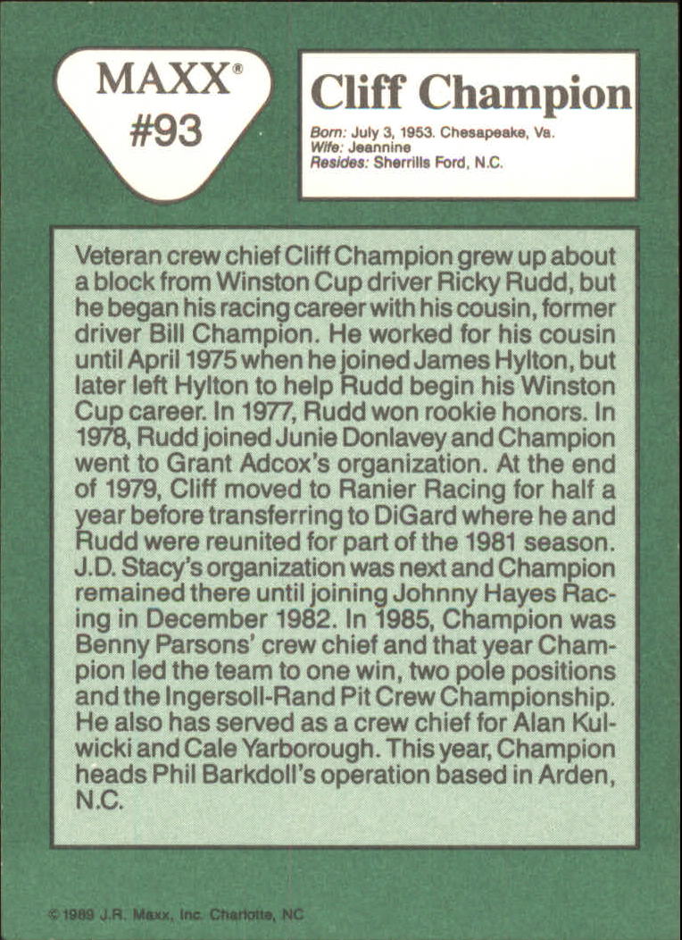 1989 Maxx #93 Cliff Champion RC back image