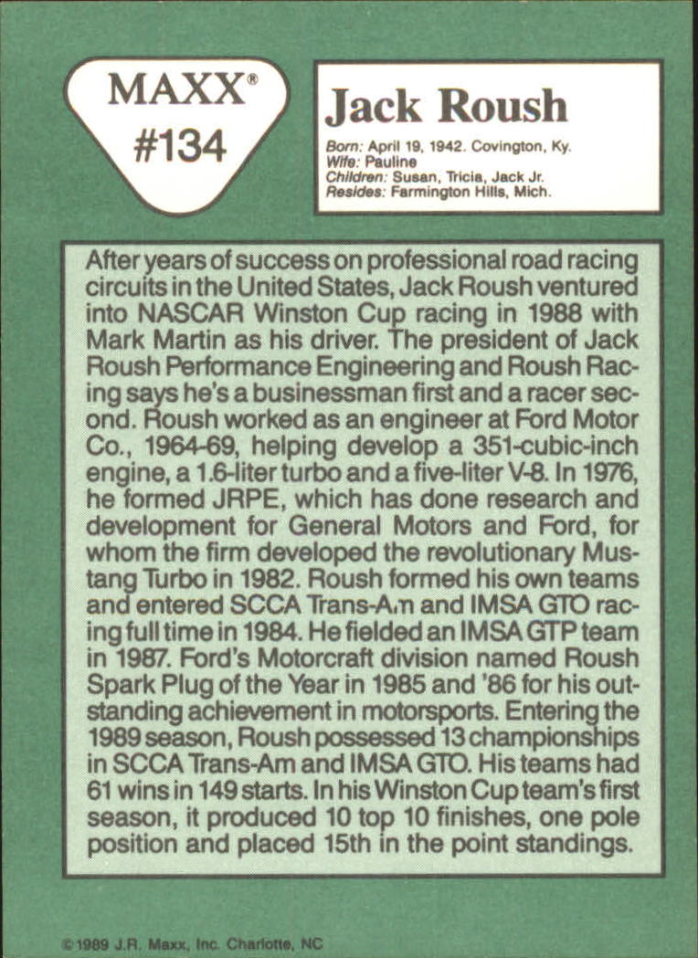 1989 Maxx #134 Jack Roush RC back image