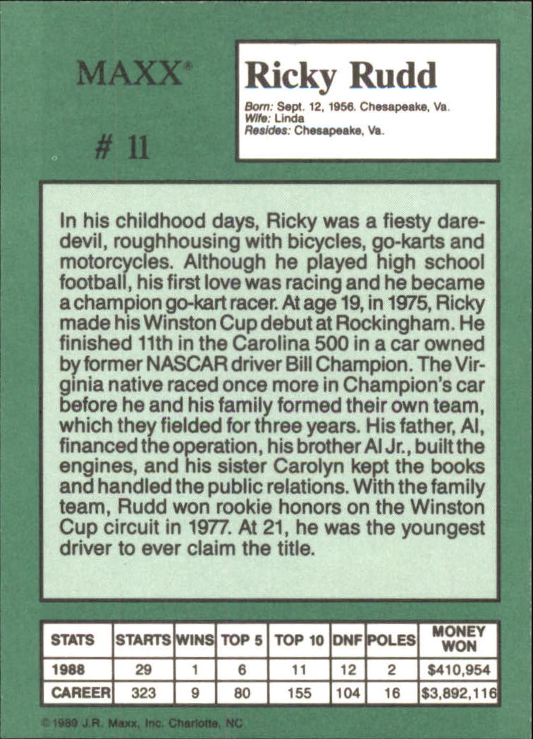 1989 Maxx Crisco #11 Ricky Rudd back image