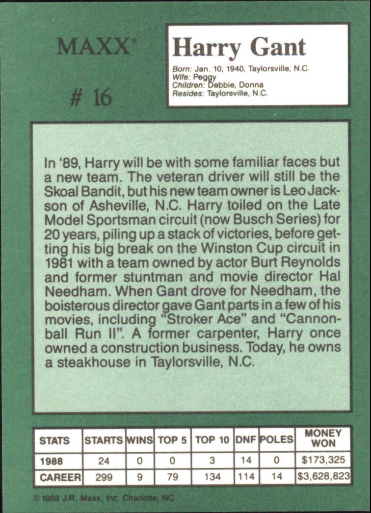 1989 Maxx Crisco #16 Harry Gant back image