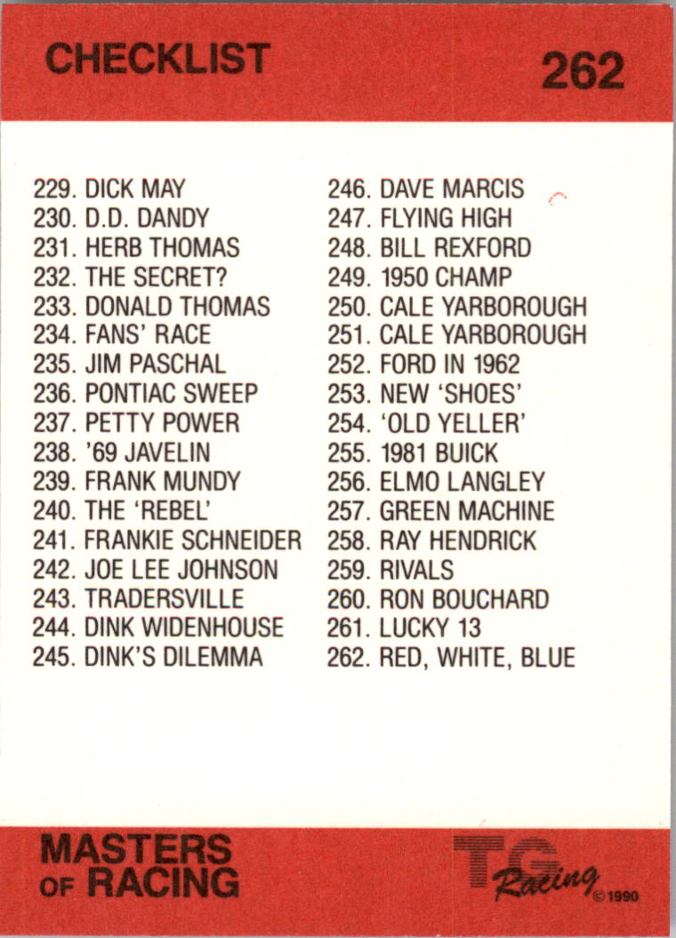 1989-90 TG Racing Masters of Racing #262 Checklist 229-262/Dave Marcis/Red, White, Blue back image
