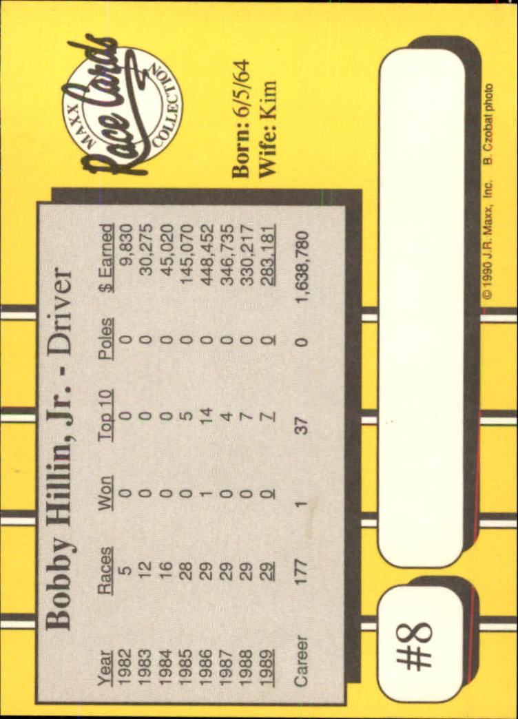 1990 Maxx #8A Bobby Hillin ERR/career totals wrong, 332 races back image