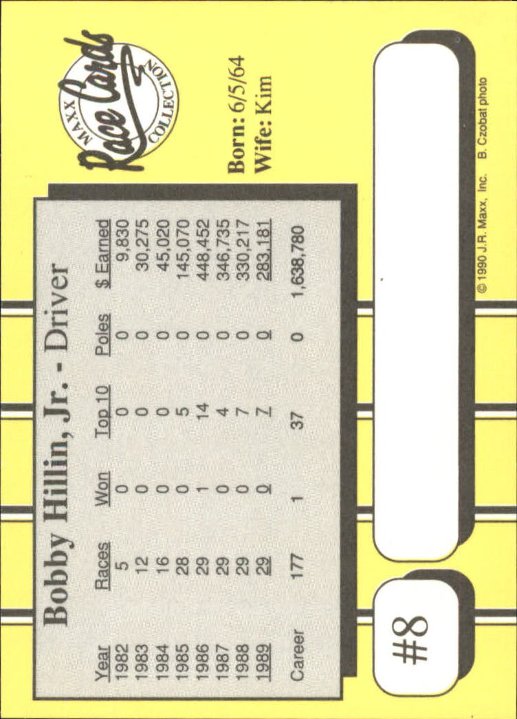 1990 Maxx #8B Bobby Hillin COR/career totals correct, 177 races back image