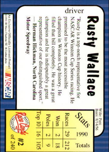 1991 Maxx #2 Rusty Wallace back image