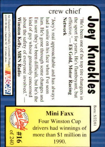 1991 Maxx #16 Joey Knuckles RC back image