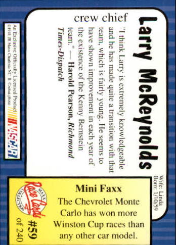 1991 Maxx #59 Larry McReynolds back image