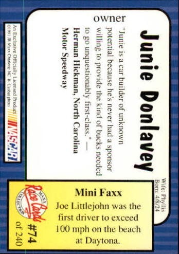 1991 Maxx #74 Junie Donlavey back image