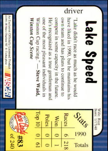 1991 Maxx #83 Lake Speed back image