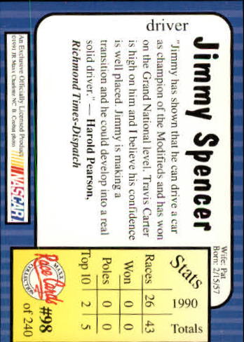 1991 Maxx #98 Jimmy Spencer back image