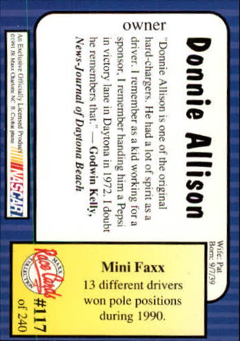 1991 Maxx #117 Donnie Allison back image
