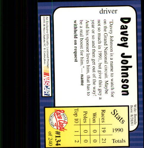 1991 Maxx #134 Davey Johnson RC back image