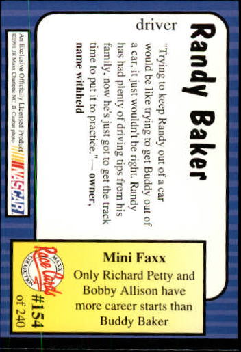 1991 Maxx #154 Randy Baker RC back image