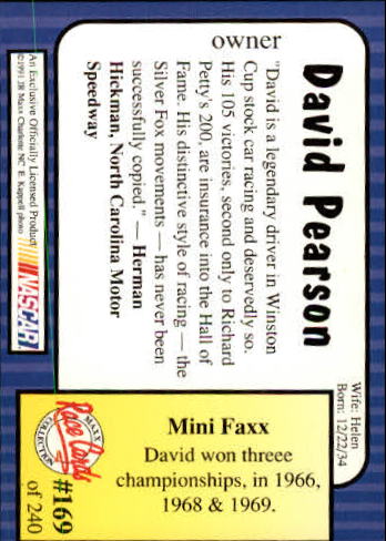 1991 Maxx #169 David Pearson back image