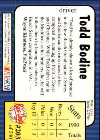 1991 Maxx #203 Todd Bodine RC back image